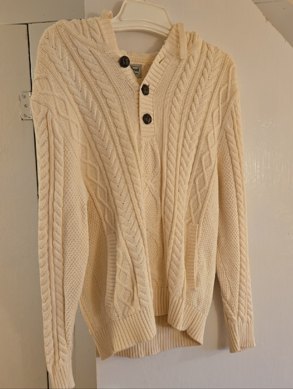 L.L. Bean Cream Cable Knit Hooded Sweater